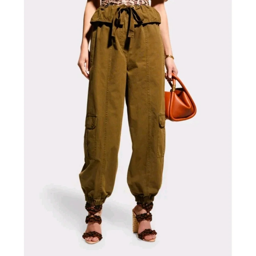 Ulla Johnson Olive Green Alden‎ Cargo Pants Elastic Waist Drawstring Cropped